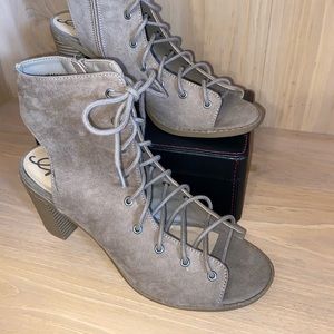 American Rage CIF Taupe Open Toe Lace Up Heel